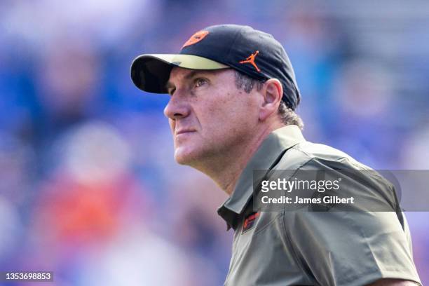 Head coach Dan Mullen of the Florida Gators looks on during the third quarter of a game against the Samford Bulldogs at Ben Hill Griffin Stadium on...