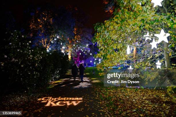 Visitors follow an illuminated trail during a preview for the Christmas at Kew event at Kew Gardens on November 16, 2021 in London, England.