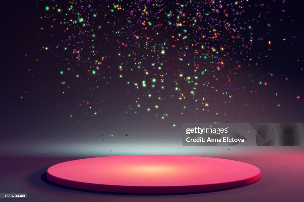 Round pink ceramic podium on purple background with many falling multicolored confetti. Perfect platform for showing your products. Three dimensional illustration