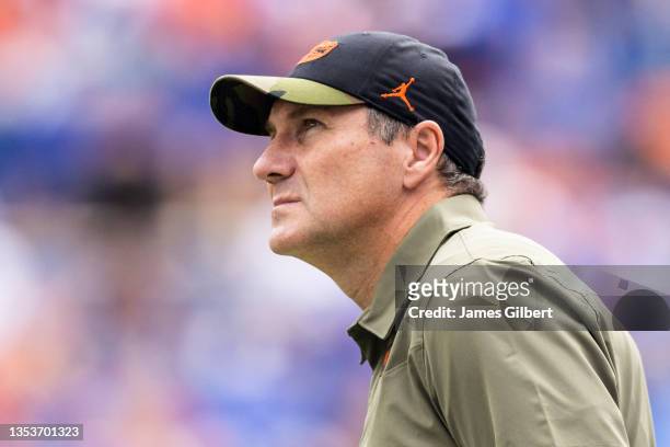 Head coach Dan Mullen of the Florida Gators looks on during the second quarter of a game against the Samford Bulldogs at Ben Hill Griffin Stadium on...