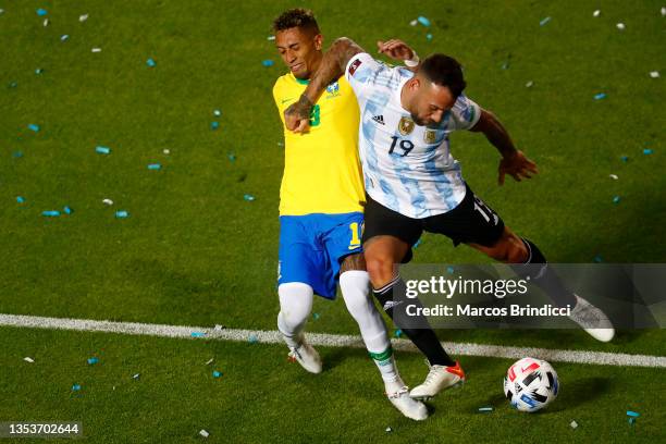Nicolas Otamendi of Argentina competes for the ball with Raphinha of Brazil during a match between Argentina and Brazil as part of FIFA World Cup...