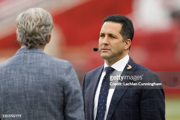 Television presenter Adam Schefter looks on before the game between the Los Angeles Rams and the San Francisco 49ers at Levi's Stadium on November...