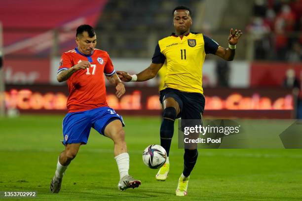 Gary Medel of Chile and Michael Estrada of Ecuador ffb during a match between Chile and Ecuador as part of FIFA World Cup Qatar 2022 Qualifiers at...
