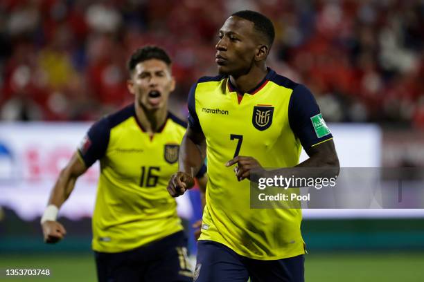 Pervis Estupiñan of Ecuador celebrates after scoring the opening goal during a match between Chile and Ecuador as part of FIFA World Cup Qatar 2022...