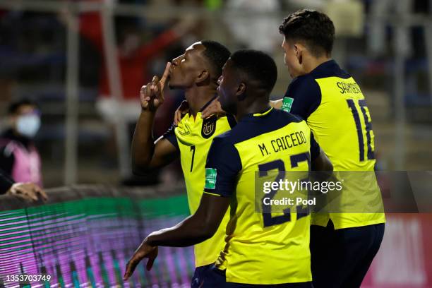 Pervis Estupiñan of Ecuador celebrates after scoring the opening goal during a match between Chile and Ecuador as part of FIFA World Cup Qatar 2022...