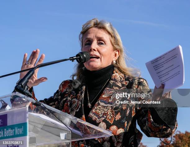Rep. Debbie Dingell speaks during the "Time to Deliver" Home Care Workers rally and march on November 16, 2021 in Washington, DC.