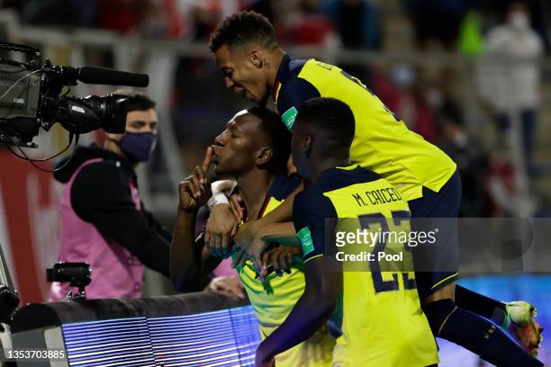 Pervis Estupiñan of Ecuador celebrates after scoring the opening goal during a match between Chile and Ecuador as part of FIFA World Cup Qatar 2022...