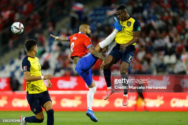 Arturo Vidal of Chile and Felix Torres Caicedo of Ecuador fight for the ball during a match between Chile and Ecuador as part of FIFA World Cup Qatar...