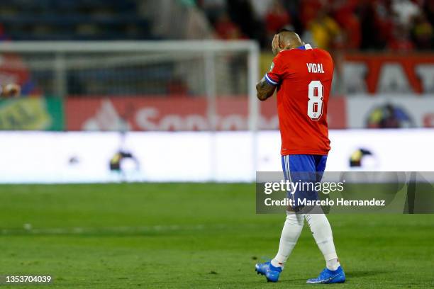 Arturo Vidal of Chile walks off the field after being sent off during a match between Chile and Ecuador as part of FIFA World Cup Qatar 2022...