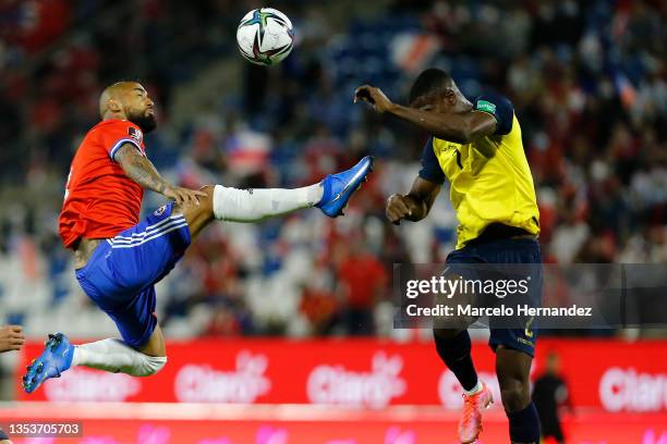 Arturo Vidal of Chile and Felix Torres Caicedo of Ecuador fight for the ball during a match between Chile and Ecuador as part of FIFA World Cup Qatar...