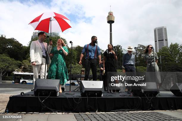 Girl From the North Country cast members Blake Erickson, Helen Dallimore, Tony Black, Chemon Theys, Peter Carroll and Samantha Morley perform during...