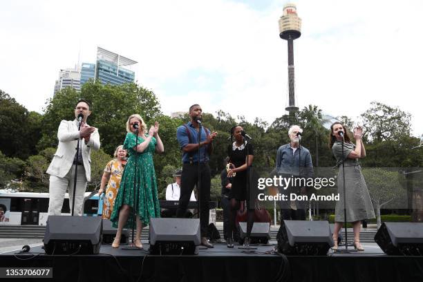 Girl From the North Country cast members Blake Erickson, Helen Dallimore, Tony Black, Chemon Theys, Peter Carroll and Samantha Morley perform during...