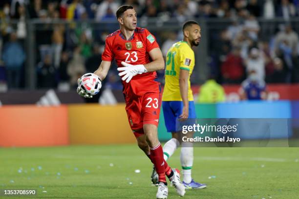 Emiliano Martinez goalkeeper of Argentina controls the ball during a match between Argentina and Brazil as part of FIFA World Cup Qatar 2022...