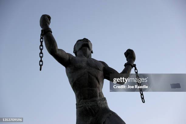 The Emancipation Statue symbolizing the breaking of the chains of slavery at the moment of emancipation is shown on November 16, 2021 in Bridgetown,...