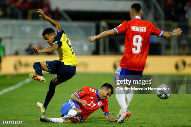 Gary Medel of Chile and Byron Castillo of Ecuador fight for the ball during a match between Chile and Ecuador as part of FIFA World Cup Qatar 2022...