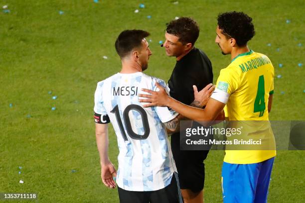Lionel Messi of Argentina hugs Marquinhos of Brazil after a match between Argentina and Brazil as part of FIFA World Cup Qatar 2022 Qualifiers at San...