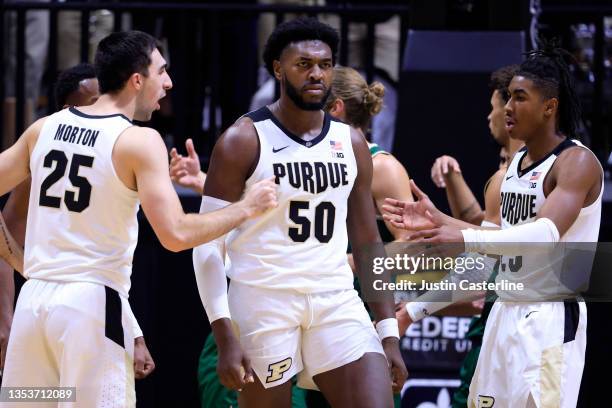 Trevion Williams of the Purdue Boilermakers reacts after a play during the first half in the game against the Wright State Raiders at Mackey Arena on...