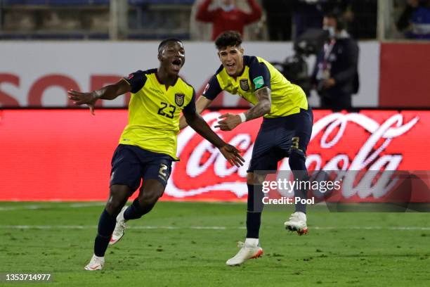 Moises Caicedo of Ecuador celebrates after scoring the second goal of his team during a match between Chile and Ecuador as part of FIFA World Cup...