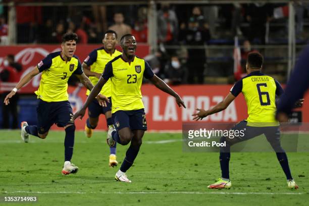 Moises Caicedo of Ecuador celebrates after scoring the second goal of his team during a match between Chile and Ecuador as part of FIFA World Cup...
