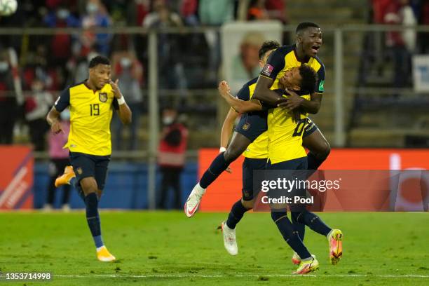 Moises Caicedo of Ecuador celebrates with teammates after scoring the second goal of his team during a match between Chile and Ecuador as part of...