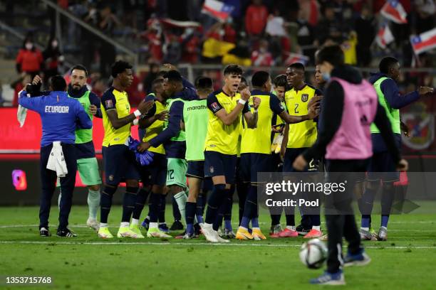 Players of Ecuador celebrate after a match between Chile and Ecuador as part of FIFA World Cup Qatar 2022 Qualifiers at San Carlos de Apoquindo...