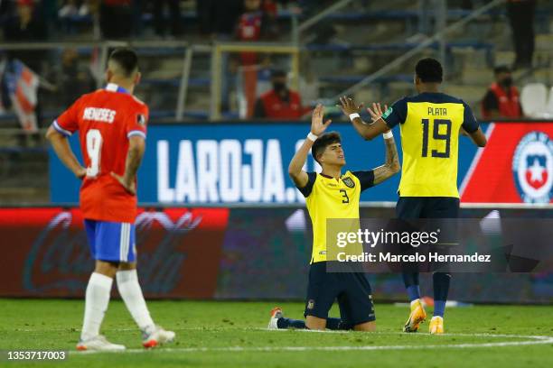 Piero Hincapie of Ecuador and Gonzalo Plata of Ecuador celebrate after a match between Chile and Ecuador as part of FIFA World Cup Qatar 2022...