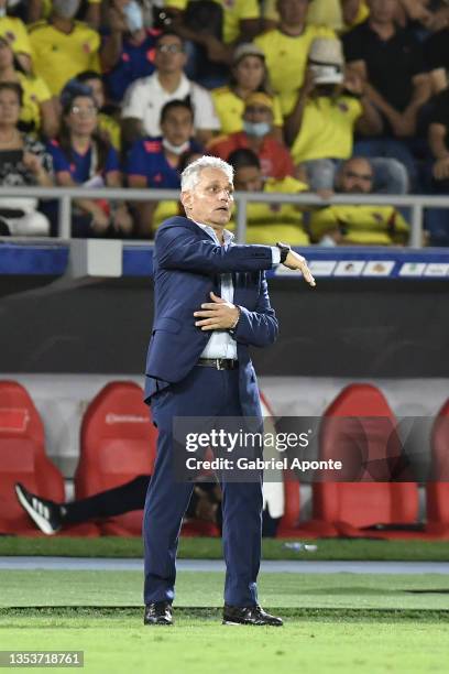 Reinaldo Rueda head coach of Colombia gives instructions during a match between Colombia and Paraguay as part of FIFA World Cup Qatar 2022 Qualifiers...