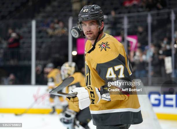 Sven Bartschi of the Vegas Golden Knights warms up prior to a game against the Carolina Hurricanes at T-Mobile Arena on November 16, 2021 in Las...