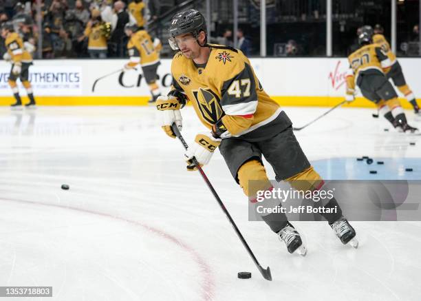 Sven Bartschi of the Vegas Golden Knights warms up prior to a game against the Carolina Hurricanes at T-Mobile Arena on November 16, 2021 in Las...