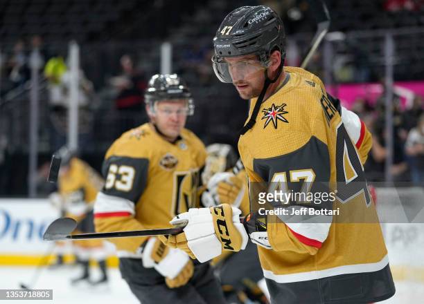 Sven Bartschi of the Vegas Golden Knights warms up prior to a game against the Carolina Hurricanes at T-Mobile Arena on November 16, 2021 in Las...