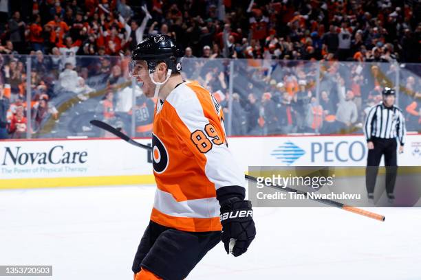 Cam Atkinson of the Philadelphia Flyers celebrates after scoring the game-winning goal during overtime against the Calgary Flames at Wells Fargo...