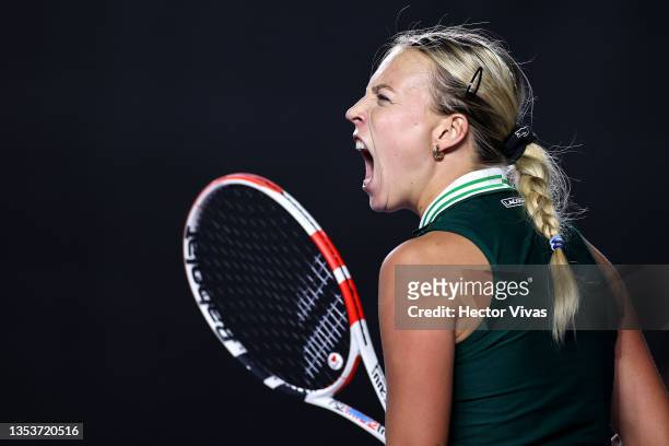 Anett Kontaveit of Estonia reacts after a point in her Women's Singles semifinal match against Maria Sakkari of Greece during 2021 Akron WTA Finals...