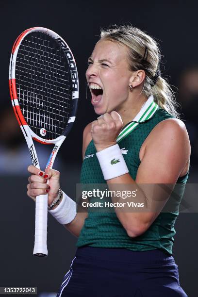 Anett Kontaveit of Estonia celebrates after match point in her Women's Singles semifinal match against Maria Sakkari of Greece during 2021 Akron WTA...