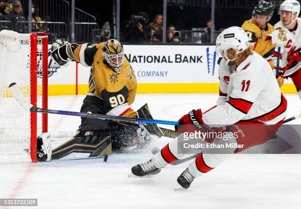 Robin Lehner of the Vegas Golden Knights blocks a shot by Jordan Staal of the Carolina Hurricanes in the first period of their game at T-Mobile Arena...