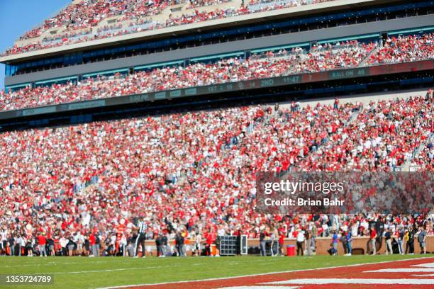 General view of Oklahoma Sooners fans in the background of a game against the Texas Tech Red Raiders at Gaylord Family Oklahoma Memorial Stadium on...