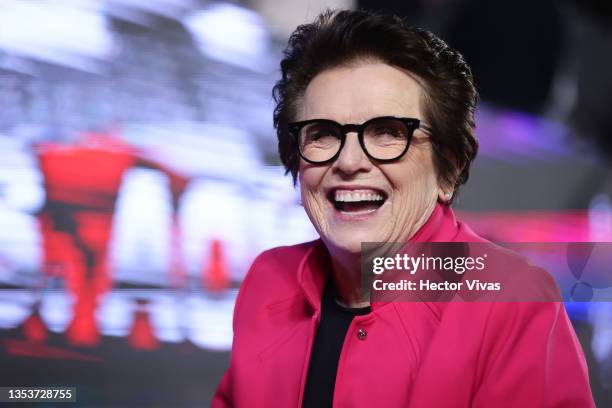 Tennis legend Billie Jean King looks on in a Women's Doubles semifinal match during 2021 Akron WTA Finals Guadalajara at Centro Panamericano de Tenis...