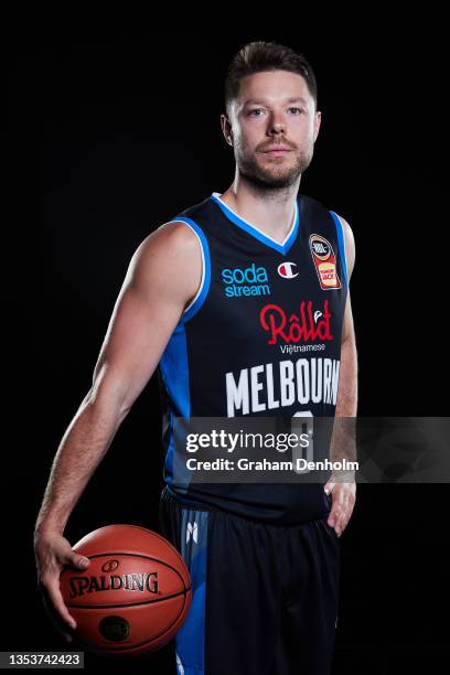 Matthew Dellavedova of United poses during the Melbourne United NBL headshots session at NEP Studios on November 17, 2021 in Melbourne, Australia.