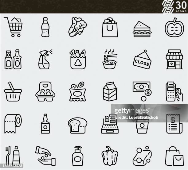 symbole für supermarktlinien - grundnahrungsmittel stock-grafiken, -clipart, -cartoons und -symbole