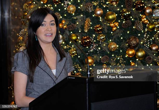 Race Car Driver Leilani Munter speaks at the The Empire State Building to raise awareness for the protection of dolphins in Japan on December 9, 2011...