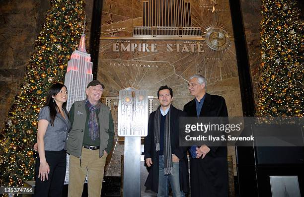 Leilani Munter, Ric O'Barry, John Leguizamo, and Louie Psihoyos light the The Empire State Building to raise awareness for the protection of dolphins...