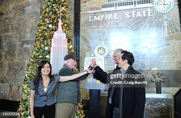 Leilani Munter, Ric O'Barry, Louie Psihoyos and John Leguizamo light the The Empire State Building to raise awareness for the protection of dolphins...