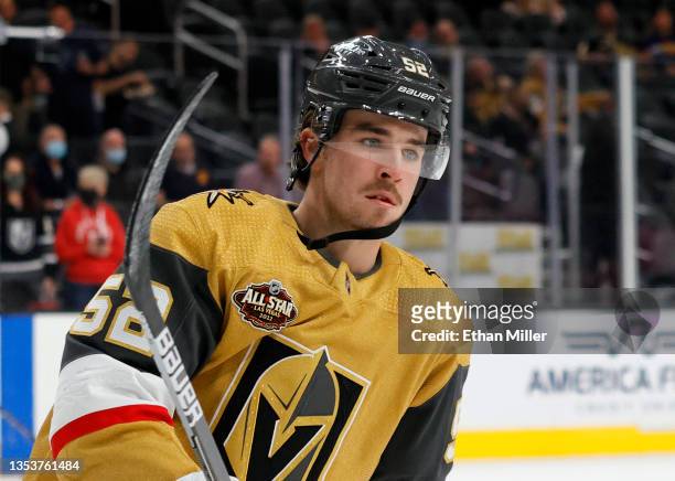 Dylan Coghlan of the Vegas Golden Knights warms up before a game against the Carolina Hurricanes at T-Mobile Arena on November 16, 2021 in Las Vegas,...