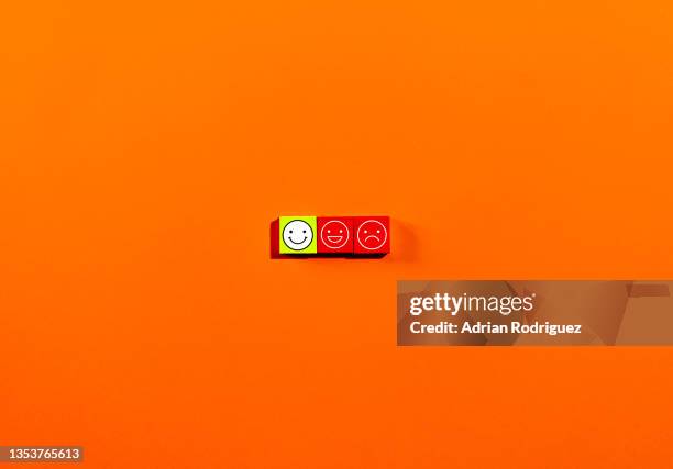 customer service experience and satisfaction survey concept with facial expressions negative, neutral and positive on wooden cube on table, orange background - unhappy customer stock pictures, royalty-free photos & images