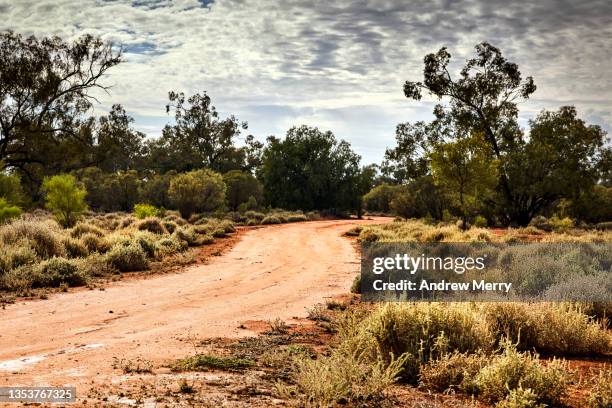 red dirt road, trees and clouds, rural australia - road trip new south wales stock pictures, royalty-free photos & images