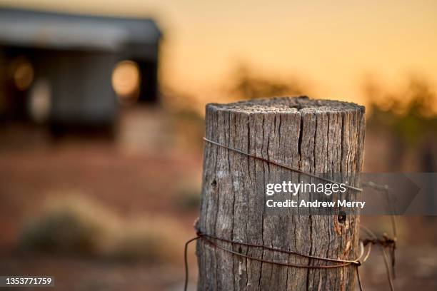 old weathered farm wooden fence post in rural landscape australia - stakes day - fotografias e filmes do acervo