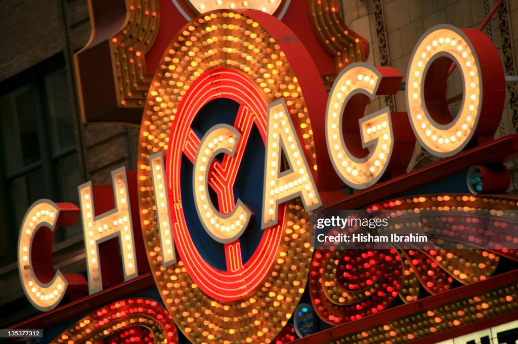 Illuminated Chicago Theater Sign, Chicago, IL, USA