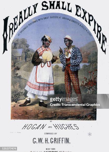 Pair of minstrel actors in blackface advertise their racist production on a piece of sheet music produced in 1866 in New York City.