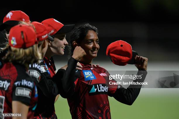 Harmanpreet Kaur of the Renegades celebrates after winning the Women's Big Bash League match between the Melbourne Renegades and the Sydney Thunder...