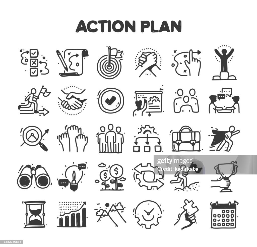 Action Plan Related Hand Drawn Vector Doodle Icon Set