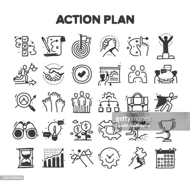action plan related hand drawn vector doodle icon set - développement stock illustrations